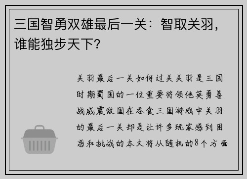 三国智勇双雄最后一关：智取关羽，谁能独步天下？