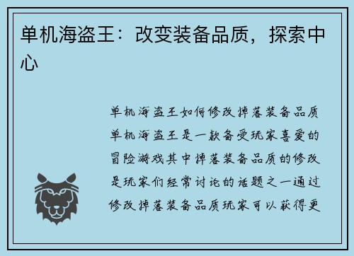 单机海盗王：改变装备品质，探索中心
