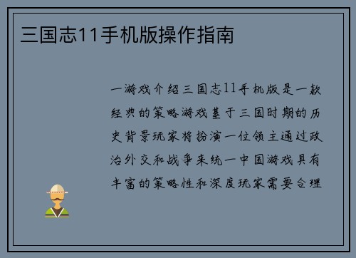 三国志11手机版操作指南