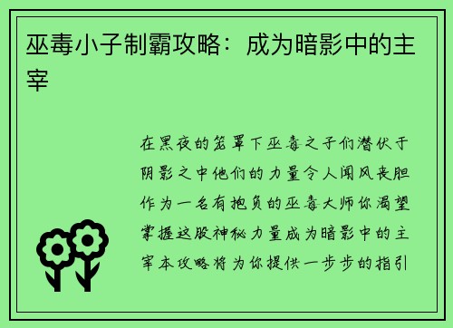 巫毒小子制霸攻略：成为暗影中的主宰