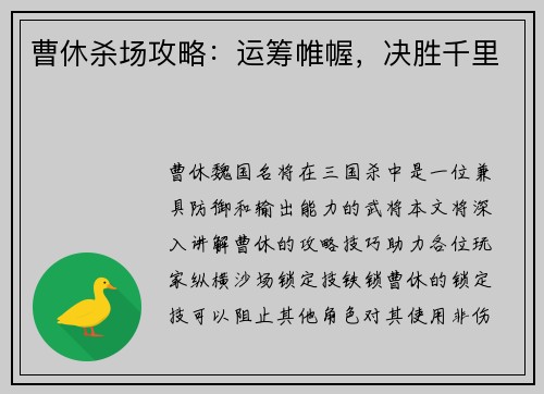 曹休杀场攻略：运筹帷幄，决胜千里