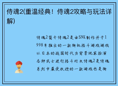侍魂2(重温经典！侍魂2攻略与玩法详解)